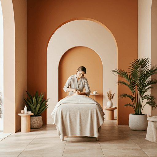A calm Deo Juvante treatment room bathed in warm natural light